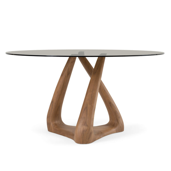 Modrest Christy Mid Century Modern Grey Glass & Walnut Round Dining Table Model VGIP-DT643-RND