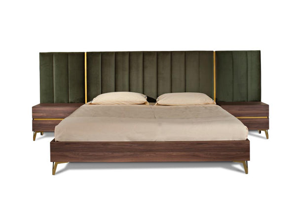 Eastern King Nova Domus Calabria Modern Walnut & Green Velvet Bed & Nightstands