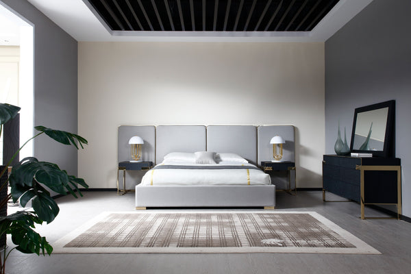 Eastern King Modrest Athena & Rothsay - Modern Grey Fabric + Wenge + Gold Bedroom Set