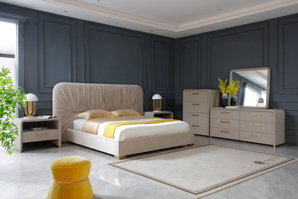 Eastern King Modrest Florence Modern Beige Velvet & Shagreen Bedroom Set Model VGVC-BD2410-SET-EK