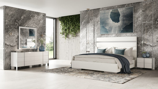 Eastern King Modrest Cartier Modern White Vegan Leather & Stainless Steel 4 Piece Bedroom Set Model VGVC-BDA002-4PC-SET-WHT-EK