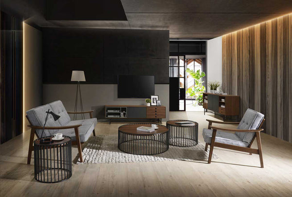 Modrest Bronson Modern Walnut & Black Round Coffee Table